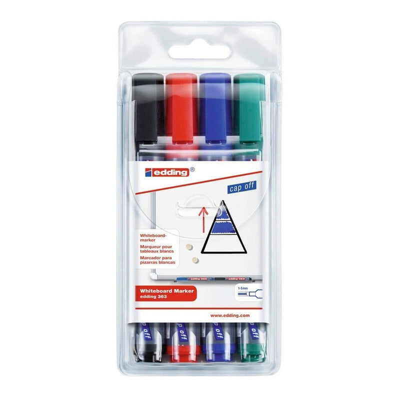 edding 363 marcador para pizarras blancas - multicolor - juego de 4 rotuladores - punta biselada 1-5 mm - rotulador para pizarra blanca, borrado en seco - flipchart, tablón de notas - recargable