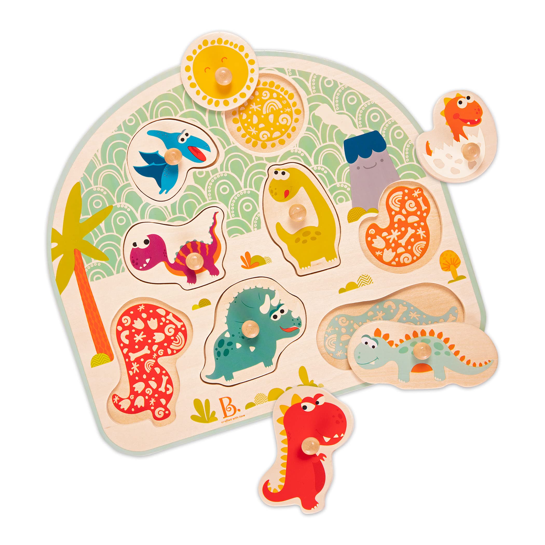 B. Toys BX1818GZ B.Toys Stomping steekpuzzel Dinos van hout, kleurrijk, 8 puzzelstukjes, 26 x 2,3 x 23,5 cm, geschikt voor kinderen vanaf 18 maanden - 45578, meerkleurig