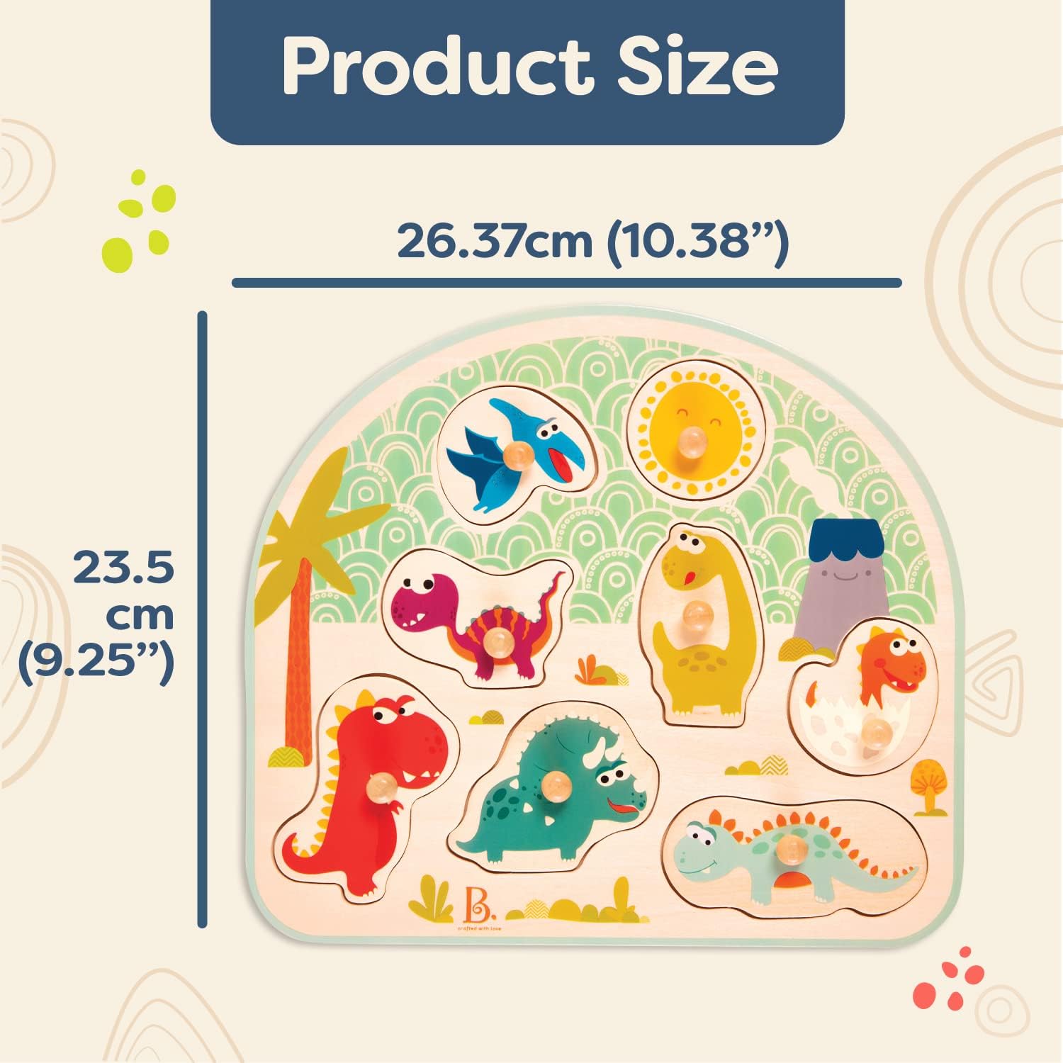 B. Toys BX1818GZ B.Toys Stomping steekpuzzel Dinos van hout, kleurrijk, 8 puzzelstukjes, 26 x 2,3 x 23,5 cm, geschikt voor kinderen vanaf 18 maanden - 45578, meerkleurig