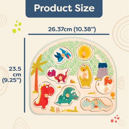 B. Toys BX1818GZ B.Toys Stomping steekpuzzel Dinos van hout, kleurrijk, 8 puzzelstukjes, 26 x 2,3 x 23,5 cm, geschikt voor kinderen vanaf 18 maanden - 45578, meerkleurig