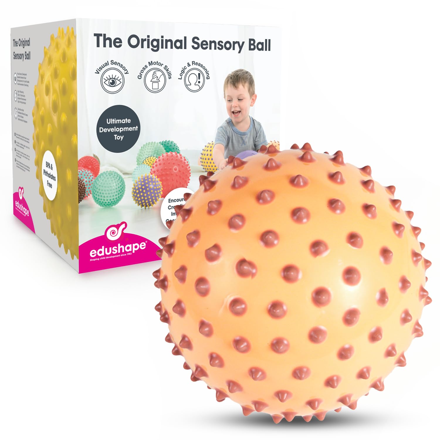 Edushape La balle sensorielle originale pour bébé – Balle de 17,8 cm qui aide à améliorer la motricité globale des enfants âgés de 6 mois et plus – Balle vibrante, colorée et unique pour tout-petits