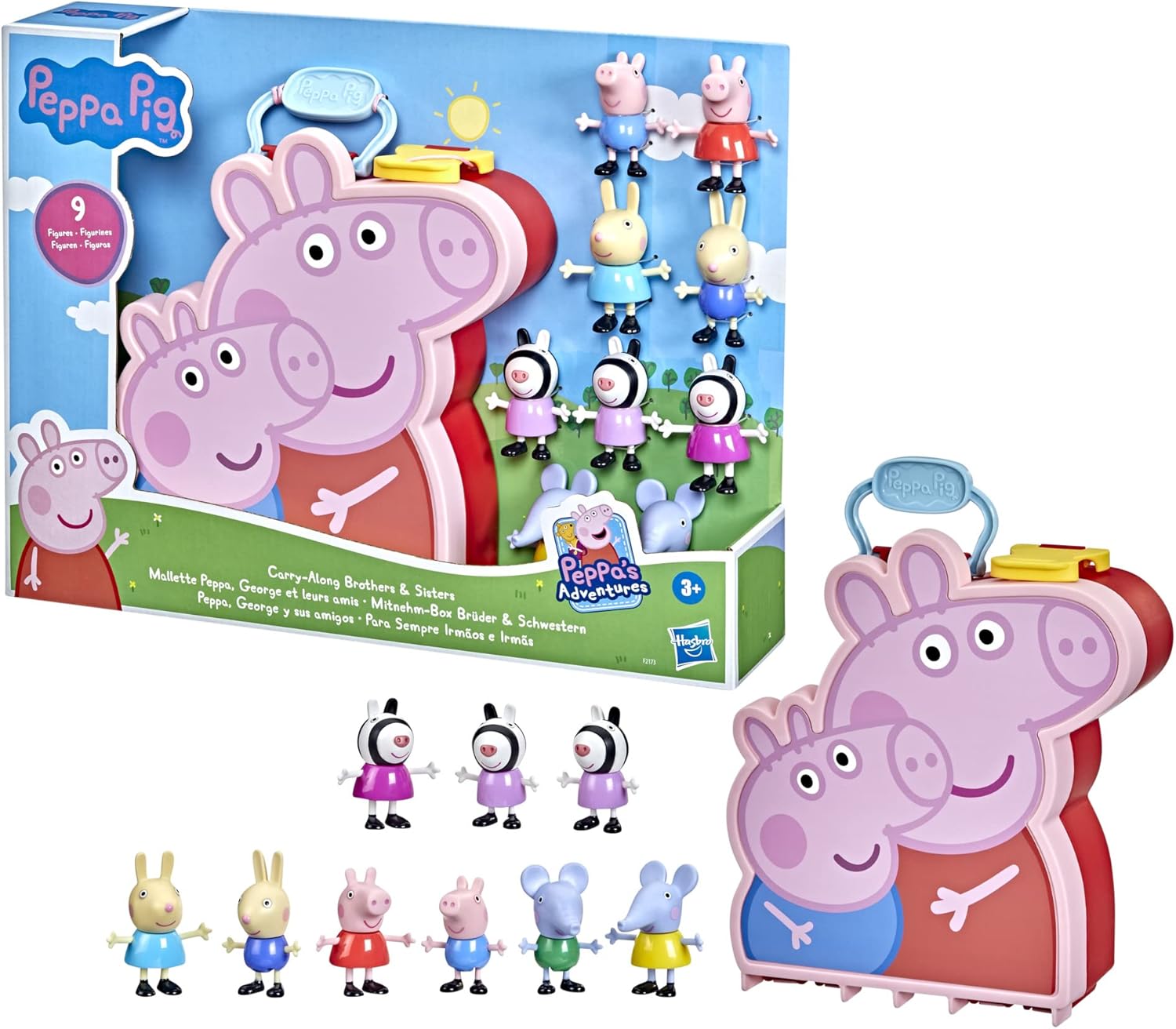 Peppa Pig Peppa's Adventures Mallette Peppa, George et leurs amis, jouet préscolaire, 9 figurines avec les soeurs Zebra