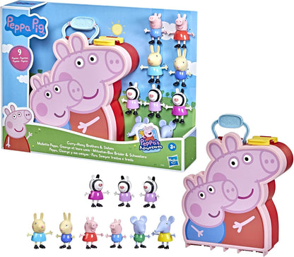 Peppa Pig Peppa's Adventures Mallette Peppa, George et leurs amis, jouet préscolaire, 9 figurines avec les soeurs Zebra