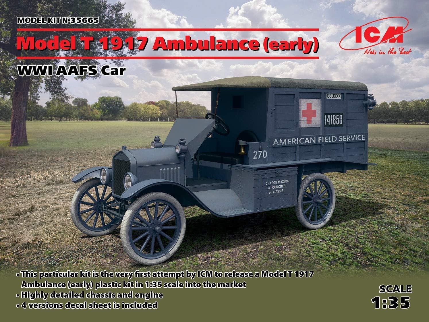 ICM 35665 Modellbausatz Coche 1:35-Modelo T 1917 Ambulance, WWI AAFS Car, Color temprano (ICM35665