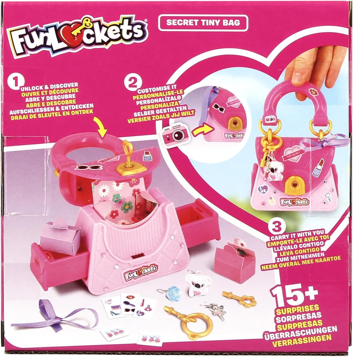 FUNLOCKETS - My Mini Secret Bag - Mini Bag - Personalised & Creative Takeaway - Find the Keys & Discover the Secrets - More Than 15 Surprises Inside Toy for