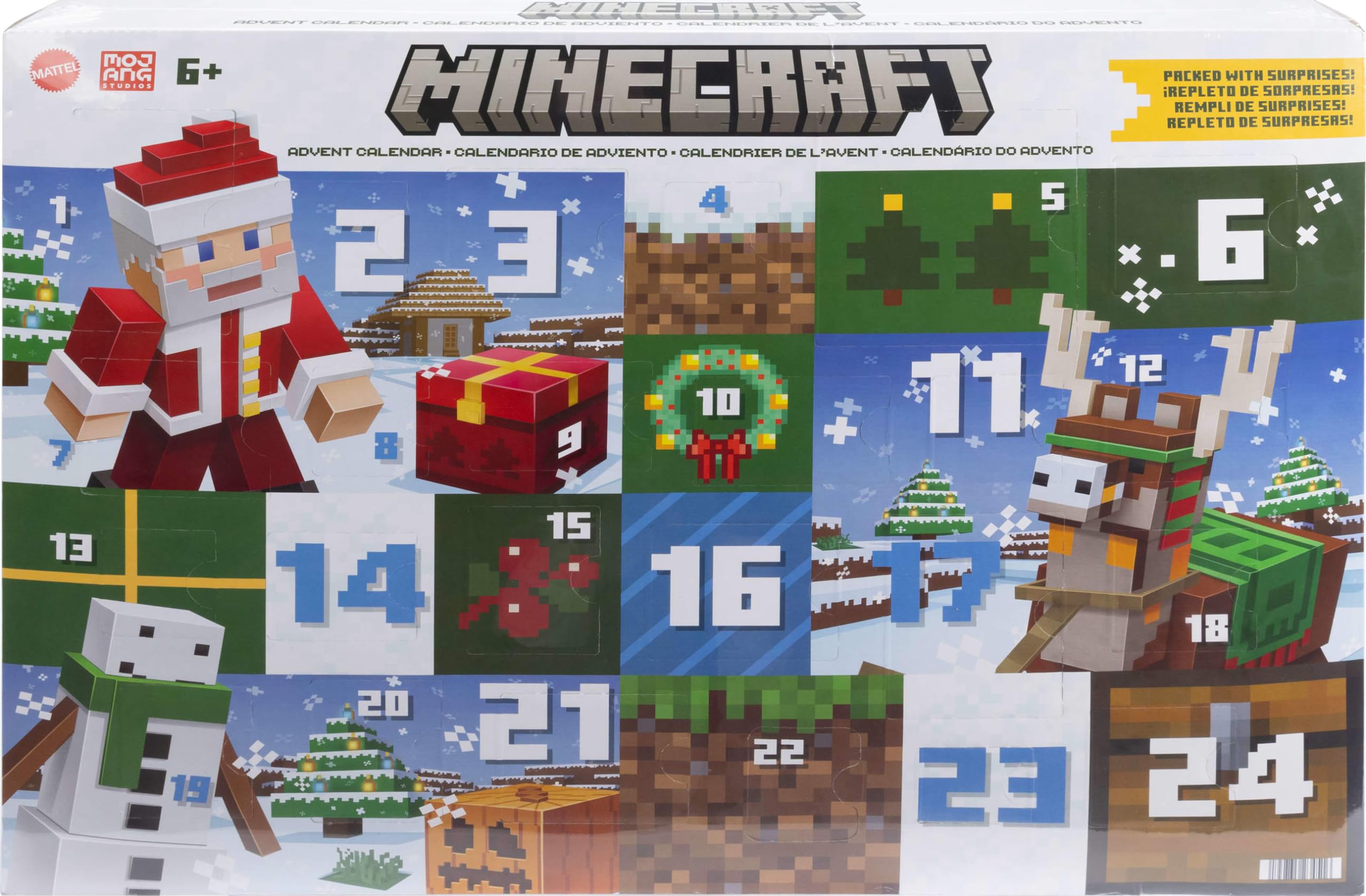 Mattel Minecraft Advent Calendar, 3 3.25-in Scale Action Figures including Santa, 17 Accessories & 4 Stickers, Pixelated Design, HXM86