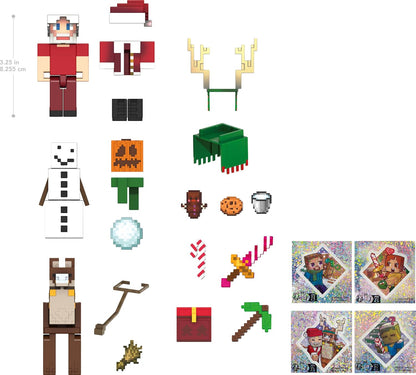 Mattel Minecraft Advent Calendar, 3 3.25-in Scale Action Figures including Santa, 17 Accessories & 4 Stickers, Pixelated Design, HXM86