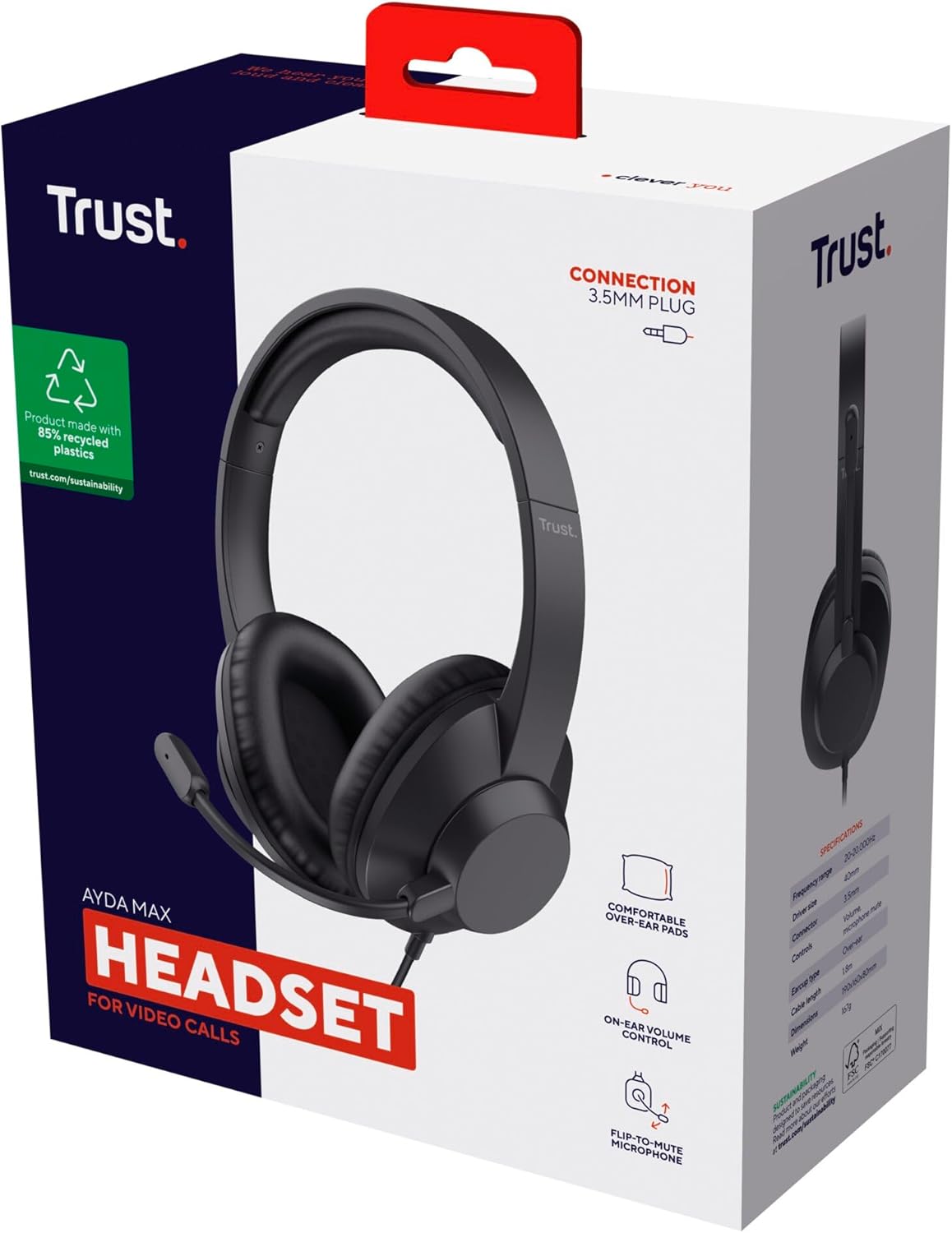 Trust Ayda Max Over Ear PC Headset with Mic 3.5mm, 1.8m Cable, Adjustable Headband, 85% Recycled Plastics, Wired Headphones with Microphone Computer Laptop Desktop Mac Home Office Zoom Teams, Black