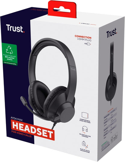 Trust Ayda Max Over Ear PC Headset with Mic 3.5mm, 1.8m Cable, Adjustable Headband, 85% Recycled Plastics, Wired Headphones with Microphone Computer Laptop Desktop Mac Home Office Zoom Teams, Black