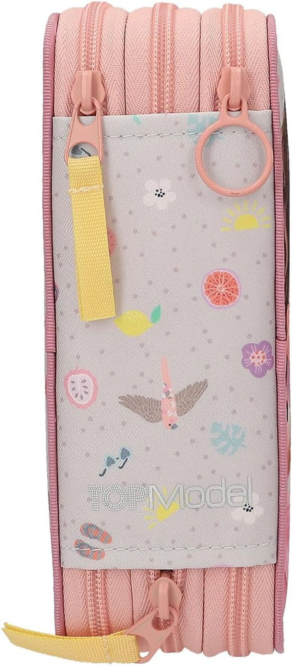 Depesche TOPModel Juicy 13324 Filled 3-Compartment Pencil Case in Cream and Pink, with Model Motif, Monkey and Colourful Pattern, Pencil Case with Colouring Pencils, Scissors, Ruler and Much More