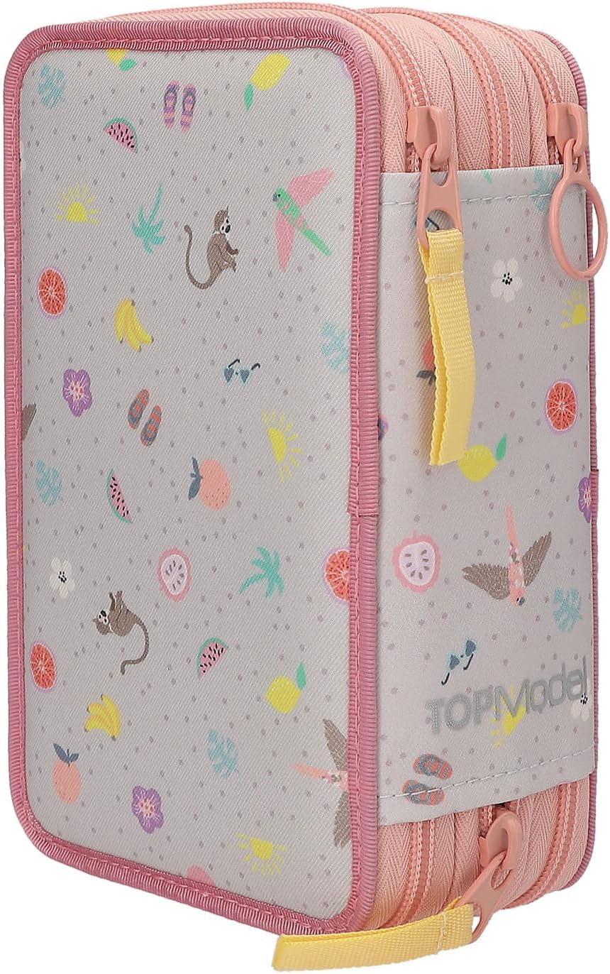 Depesche TOPModel Juicy 13324 Filled 3-Compartment Pencil Case in Cream and Pink, with Model Motif, Monkey and Colourful Pattern, Pencil Case with Colouring Pencils, Scissors, Ruler and Much More