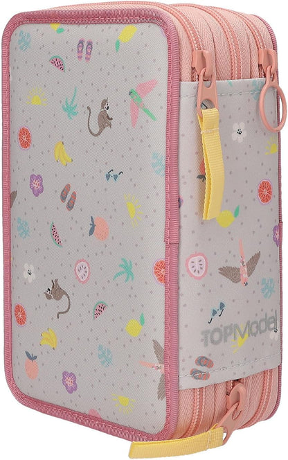 Depesche TOPModel Juicy 13324 Filled 3-Compartment Pencil Case in Cream and Pink, with Model Motif, Monkey and Colourful Pattern, Pencil Case with Colouring Pencils, Scissors, Ruler and Much More