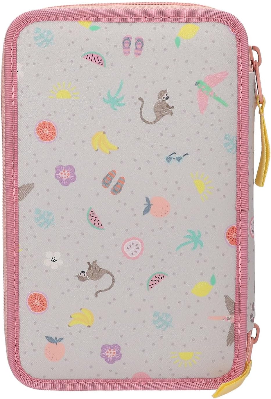 Depesche TOPModel Juicy 13324 Filled 3-Compartment Pencil Case in Cream and Pink, with Model Motif, Monkey and Colourful Pattern, Pencil Case with Colouring Pencils, Scissors, Ruler and Much More