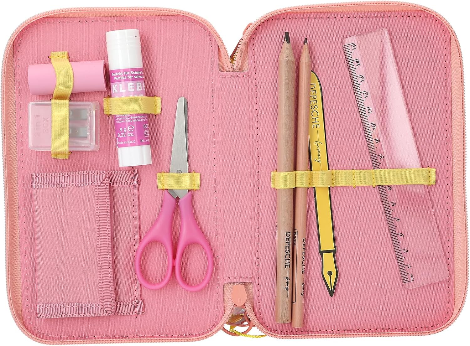 Depesche TOPModel Juicy 13324 Filled 3-Compartment Pencil Case in Cream and Pink, with Model Motif, Monkey and Colourful Pattern, Pencil Case with Colouring Pencils, Scissors, Ruler and Much More