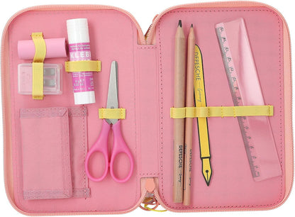 Depesche TOPModel Juicy 13324 Filled 3-Compartment Pencil Case in Cream and Pink, with Model Motif, Monkey and Colourful Pattern, Pencil Case with Colouring Pencils, Scissors, Ruler and Much More