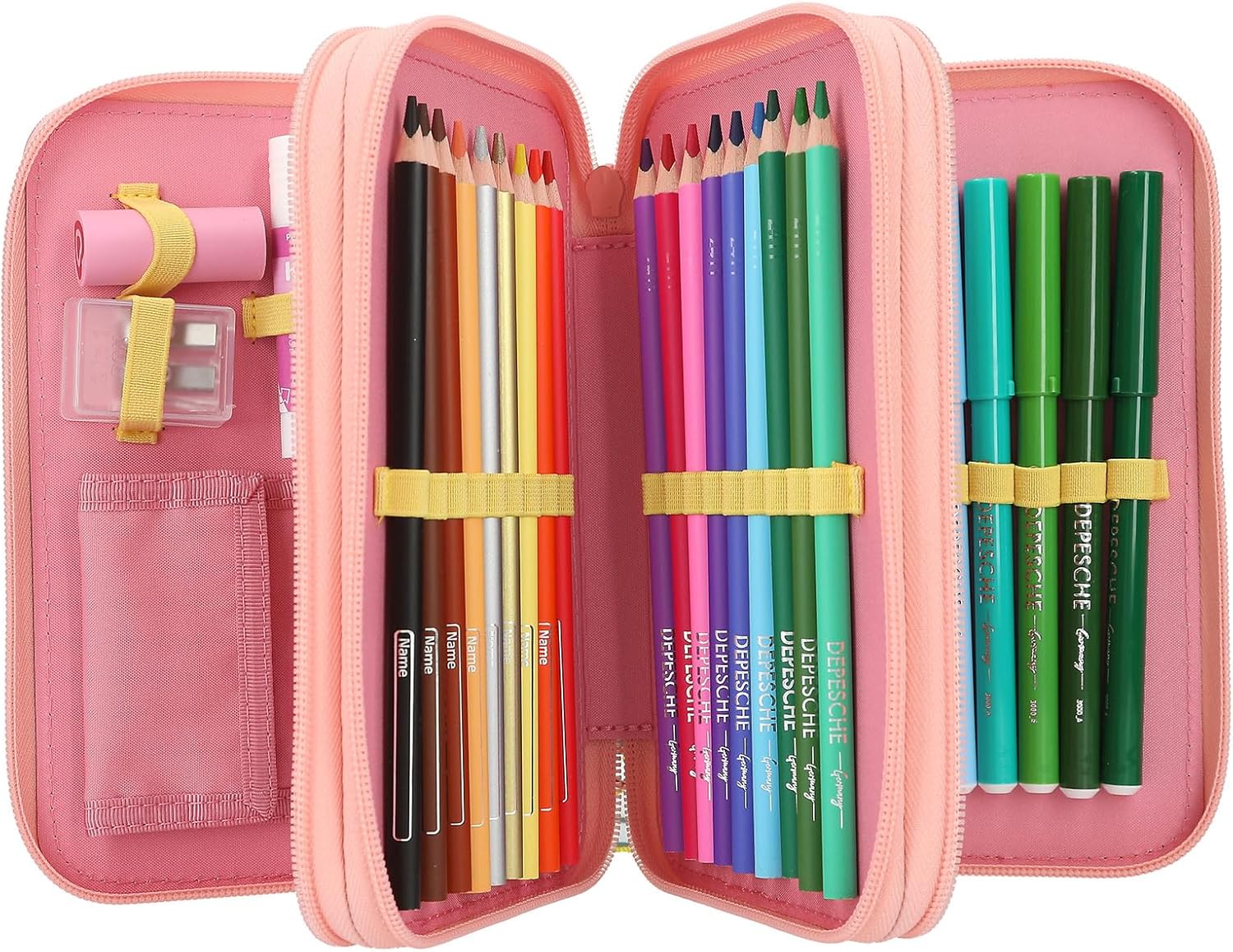 Depesche TOPModel Juicy 13324 Filled 3-Compartment Pencil Case in Cream and Pink, with Model Motif, Monkey and Colourful Pattern, Pencil Case with Colouring Pencils, Scissors, Ruler and Much More
