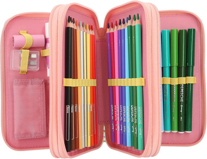 Depesche TOPModel Juicy 13324 Filled 3-Compartment Pencil Case in Cream and Pink, with Model Motif, Monkey and Colourful Pattern, Pencil Case with Colouring Pencils, Scissors, Ruler and Much More