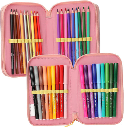 Depesche TOPModel Juicy 13324 Filled 3-Compartment Pencil Case in Cream and Pink, with Model Motif, Monkey and Colourful Pattern, Pencil Case with Colouring Pencils, Scissors, Ruler and Much More