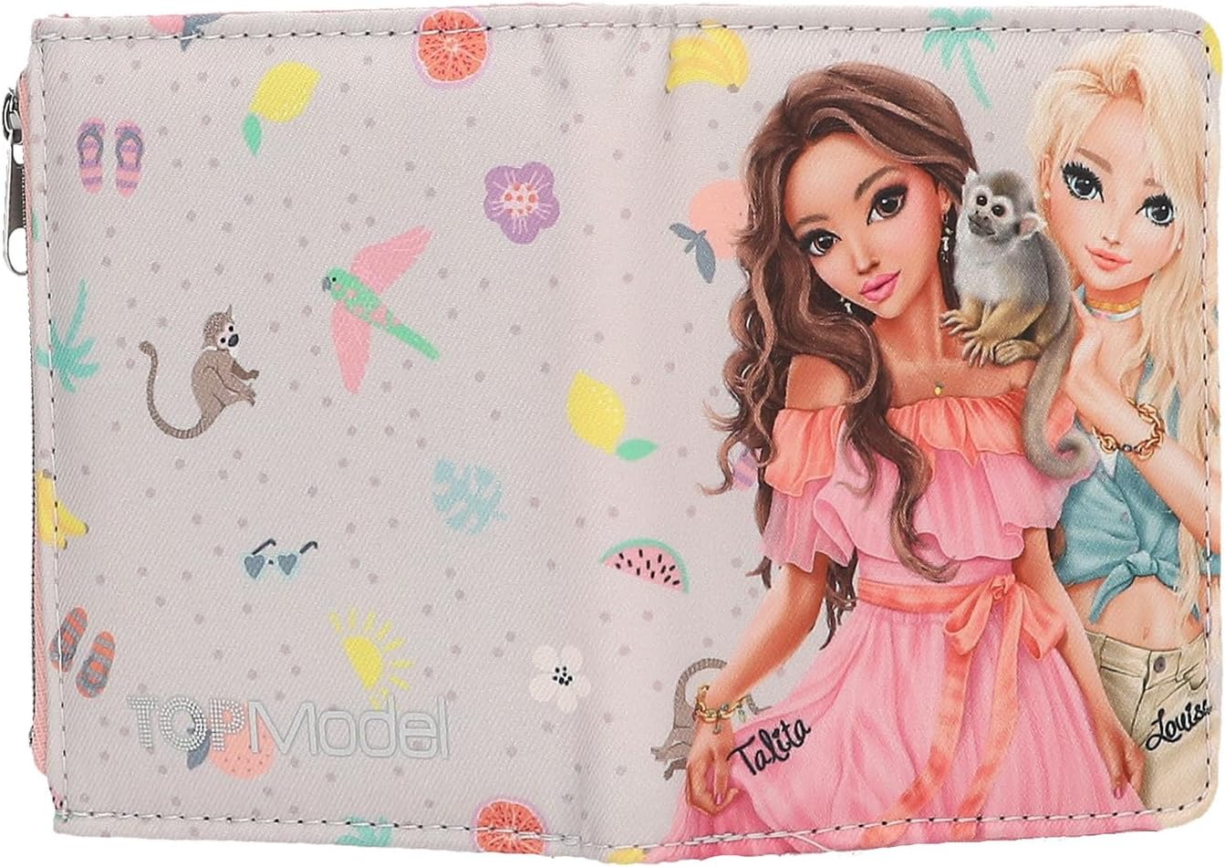 Depesche TOPModel Juicy 13328 Wallet in Cream and Pink, with Model Motif, Monkey and Colourful Pattern, Purse with Press Stud Closure