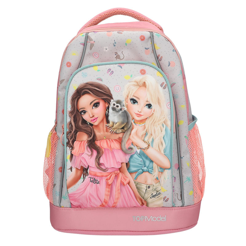 Depesche TOPModel Juicy 13331 School Backpack Trolley in Pink and Green with Model Motif and Flower Pattern, School Bag with Telescopic Handle and Wheels