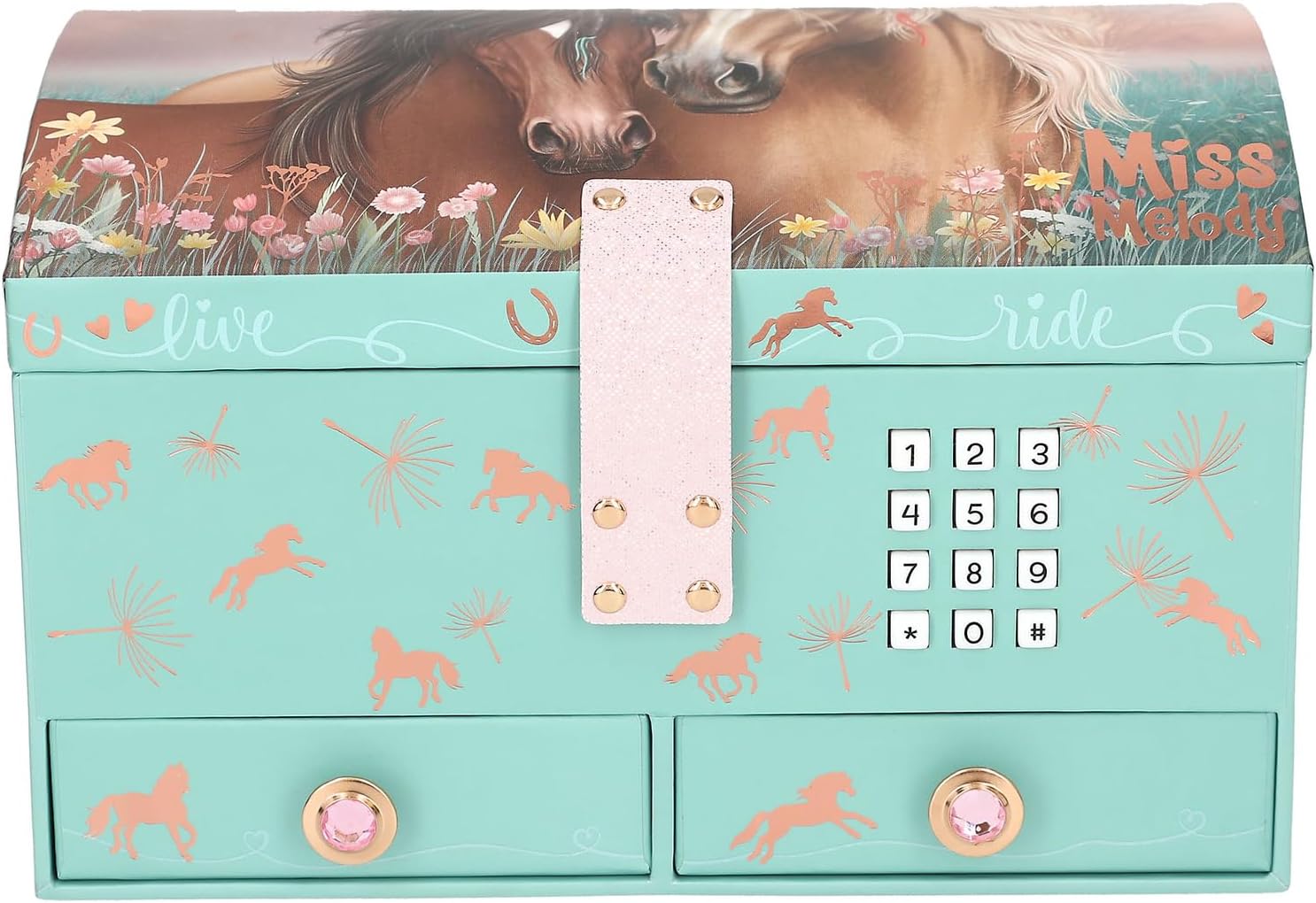 Depesche 13612 Miss Melody - groot juwelenkistje in turquoise en roze, met paardenmotief en roségouden patroon, sieradendoos met code, geluid en spiegel