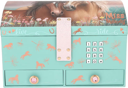 Depesche 13612 Miss Melody - groot juwelenkistje in turquoise en roze, met paardenmotief en roségouden patroon, sieradendoos met code, geluid en spiegel