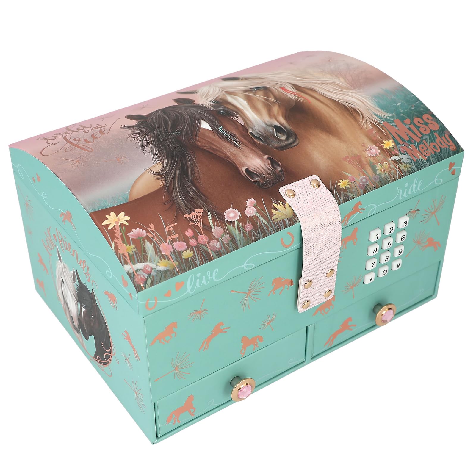 Depesche 13612 Miss Melody - groot juwelenkistje in turquoise en roze, met paardenmotief en roségouden patroon, sieradendoos met code, geluid en spiegel