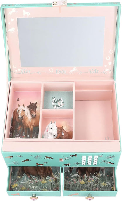 Depesche 13612 Miss Melody - groot juwelenkistje in turquoise en roze, met paardenmotief en roségouden patroon, sieradendoos met code, geluid en spiegel