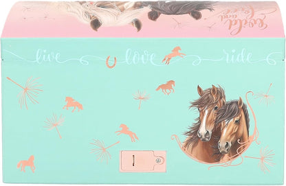 Depesche 13612 Miss Melody - groot juwelenkistje in turquoise en roze, met paardenmotief en roségouden patroon, sieradendoos met code, geluid en spiegel