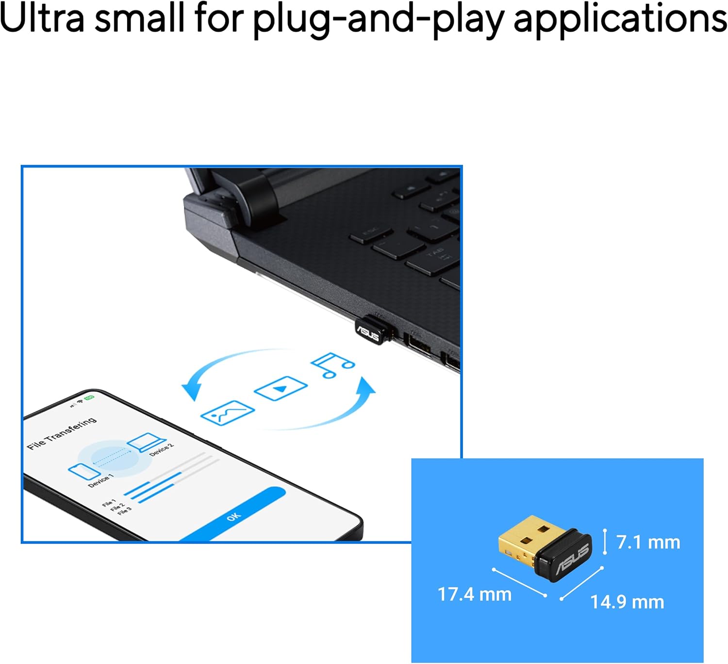 ASUS USB-BT540 Bluetooth 5.4 Dongle Adapter (kompatibel mit Windows 11, 10, 8.1, Linux, für bis zu 7 Geräte, für PC und Laptop, Plug & Play, BLE)