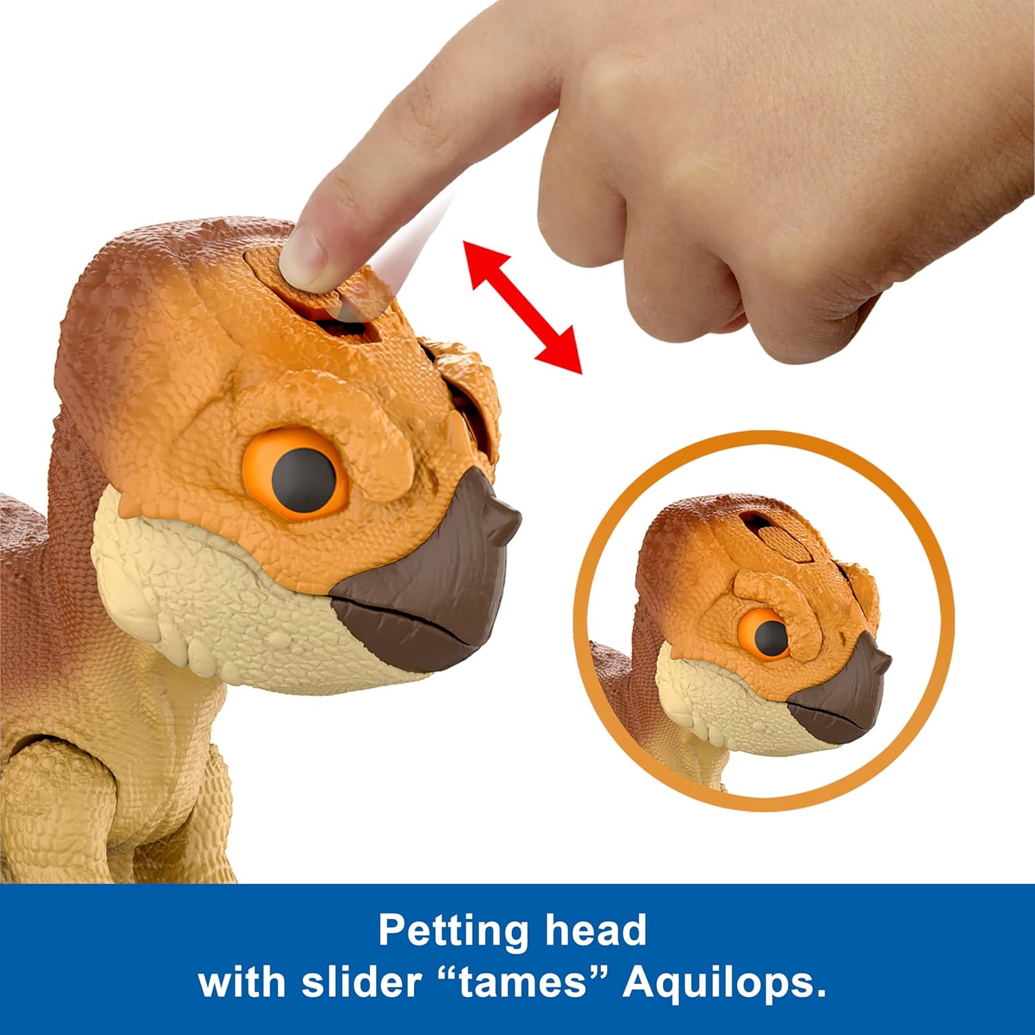 Mattel Jurassic World: El Renacer, Aquilops Dolores Protector Primal, dinosaurio interactivo con acción de ataque y sonidos, mascota electrónica con accesorio de comida, JGC01