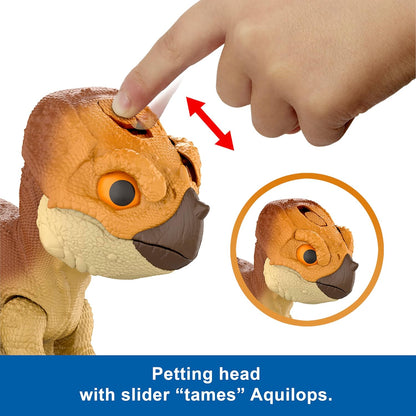 Mattel Jurassic World: El Renacer, Aquilops Dolores Protector Primal, dinosaurio interactivo con acción de ataque y sonidos, mascota electrónica con accesorio de comida, JGC01