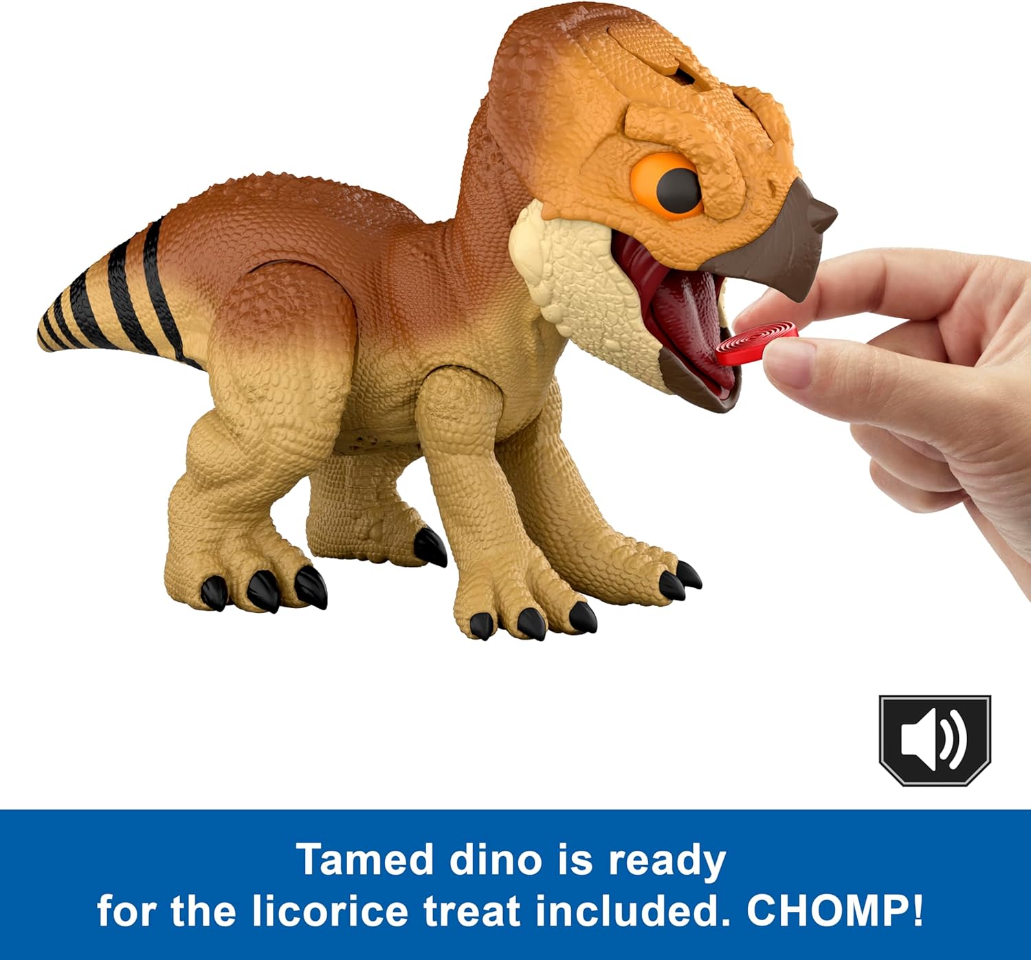 Mattel Jurassic World: El Renacer, Aquilops Dolores Protector Primal, dinosaurio interactivo con acción de ataque y sonidos, mascota electrónica con accesorio de comida, JGC01