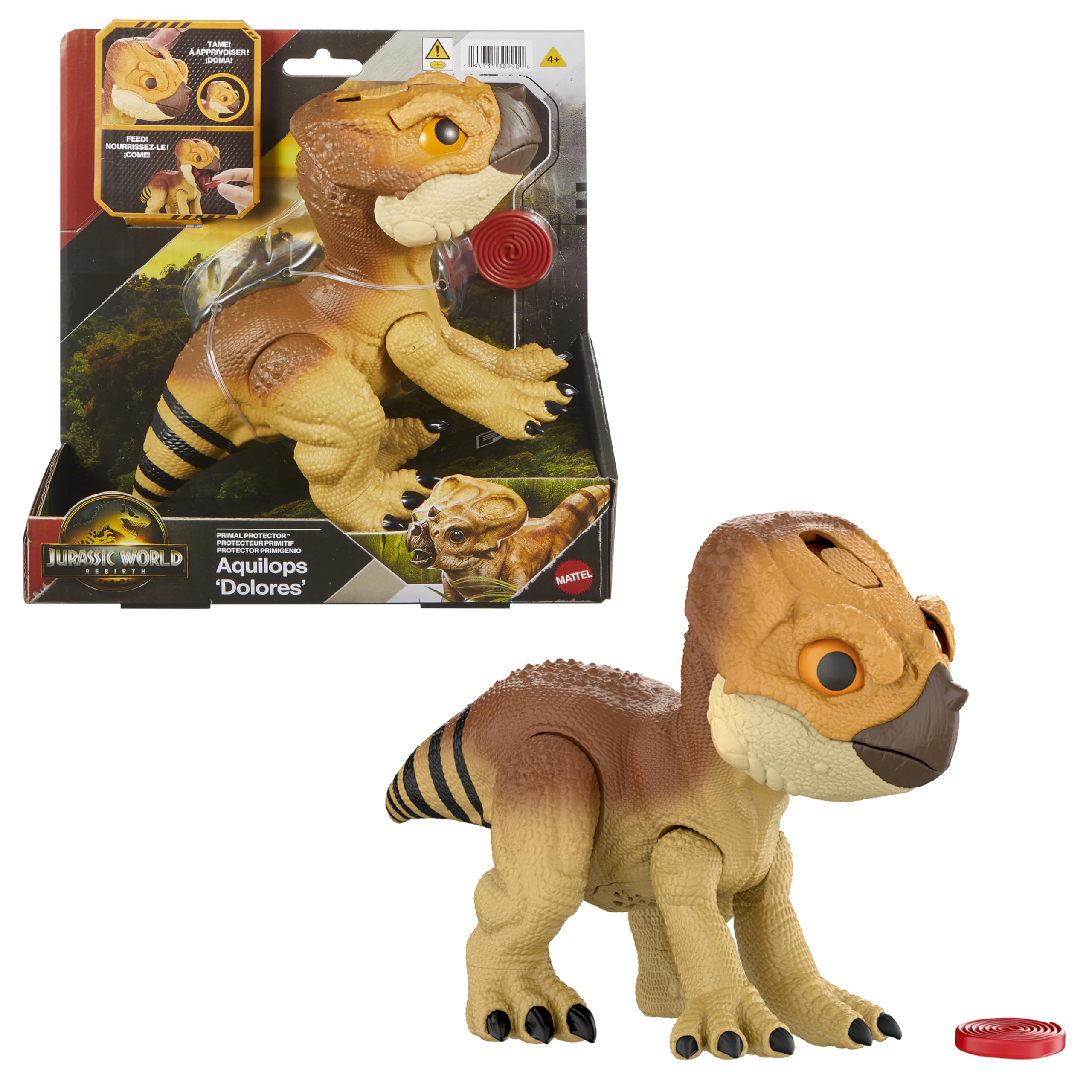 Mattel Jurassic World: El Renacer, Aquilops Dolores Protector Primal, dinosaurio interactivo con acción de ataque y sonidos, mascota electrónica con accesorio de comida, JGC01