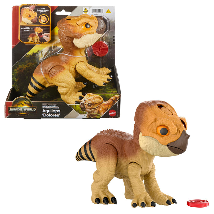 Mattel Jurassic World: El Renacer, Aquilops Dolores Protector Primal, dinosaurio interactivo con acción de ataque y sonidos, mascota electrónica con accesorio de comida, JGC01