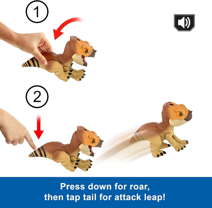 Mattel Jurassic World: El Renacer, Aquilops Dolores Protector Primal, dinosaurio interactivo con acción de ataque y sonidos, mascota electrónica con accesorio de comida, JGC01