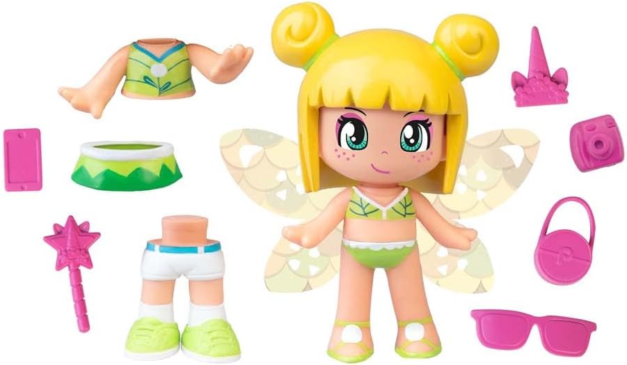 Pinypon Magic Fairy Figure with Reversible Wings with Glitter for the 2 Faces Decorated Gold and Blue, Includes Accessories and Interchangeable Parts with Summer Theme, +4 Years, Famosa (PNY76000