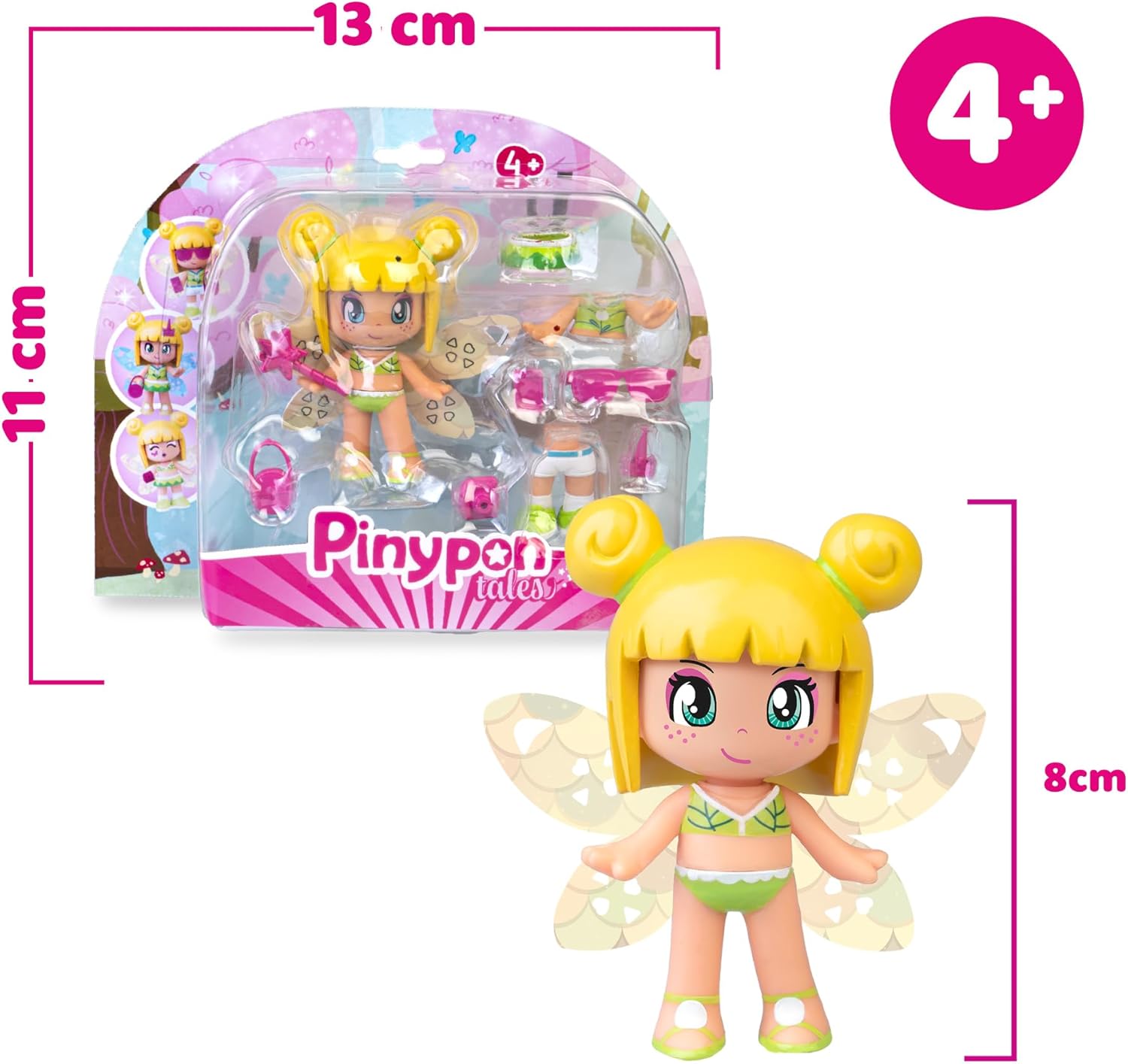 Pinypon Magic Fairy Figure with Reversible Wings with Glitter for the 2 Faces Decorated Gold and Blue, Includes Accessories and Interchangeable Parts with Summer Theme, +4 Years, Famosa (PNY76000