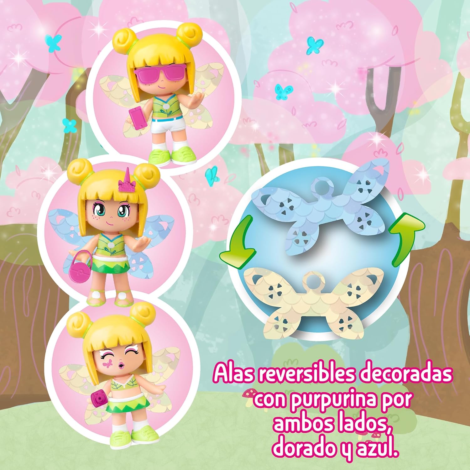 Pinypon Magic Fairy Figure with Reversible Wings with Glitter for the 2 Faces Decorated Gold and Blue, Includes Accessories and Interchangeable Parts with Summer Theme, +4 Years, Famosa (PNY76000