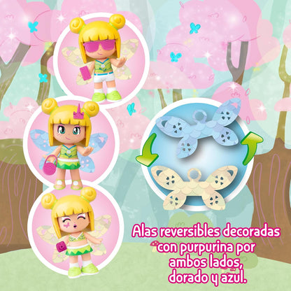 Pinypon Magic Fairy Figure with Reversible Wings with Glitter for the 2 Faces Decorated Gold and Blue, Includes Accessories and Interchangeable Parts with Summer Theme, +4 Years, Famosa (PNY76000