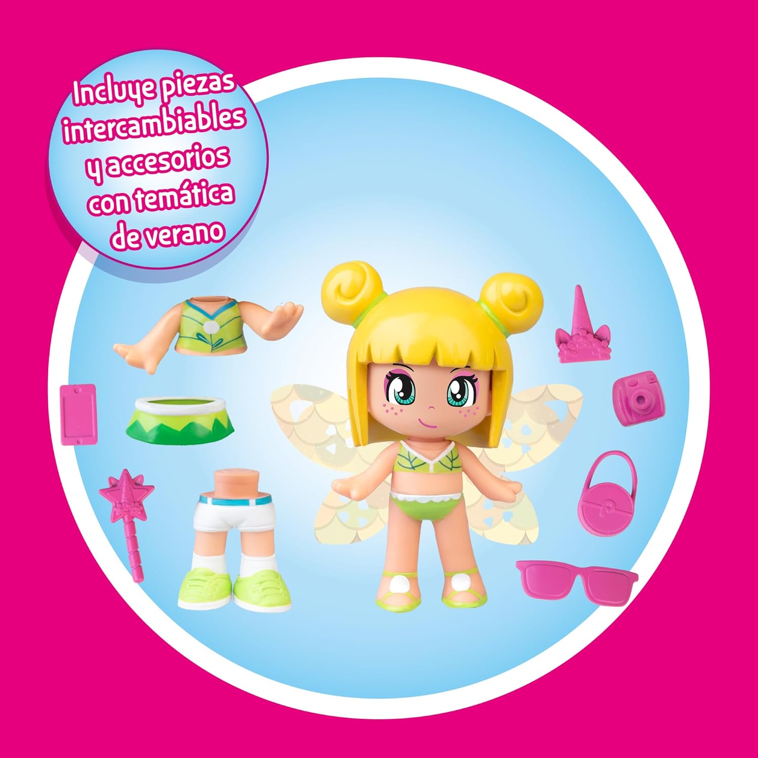 Pinypon Magic Fairy Figure with Reversible Wings with Glitter for the 2 Faces Decorated Gold and Blue, Includes Accessories and Interchangeable Parts with Summer Theme, +4 Years, Famosa (PNY76000