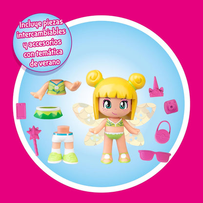 Pinypon Magic Fairy Figure with Reversible Wings with Glitter for the 2 Faces Decorated Gold and Blue, Includes Accessories and Interchangeable Parts with Summer Theme, +4 Years, Famosa (PNY76000