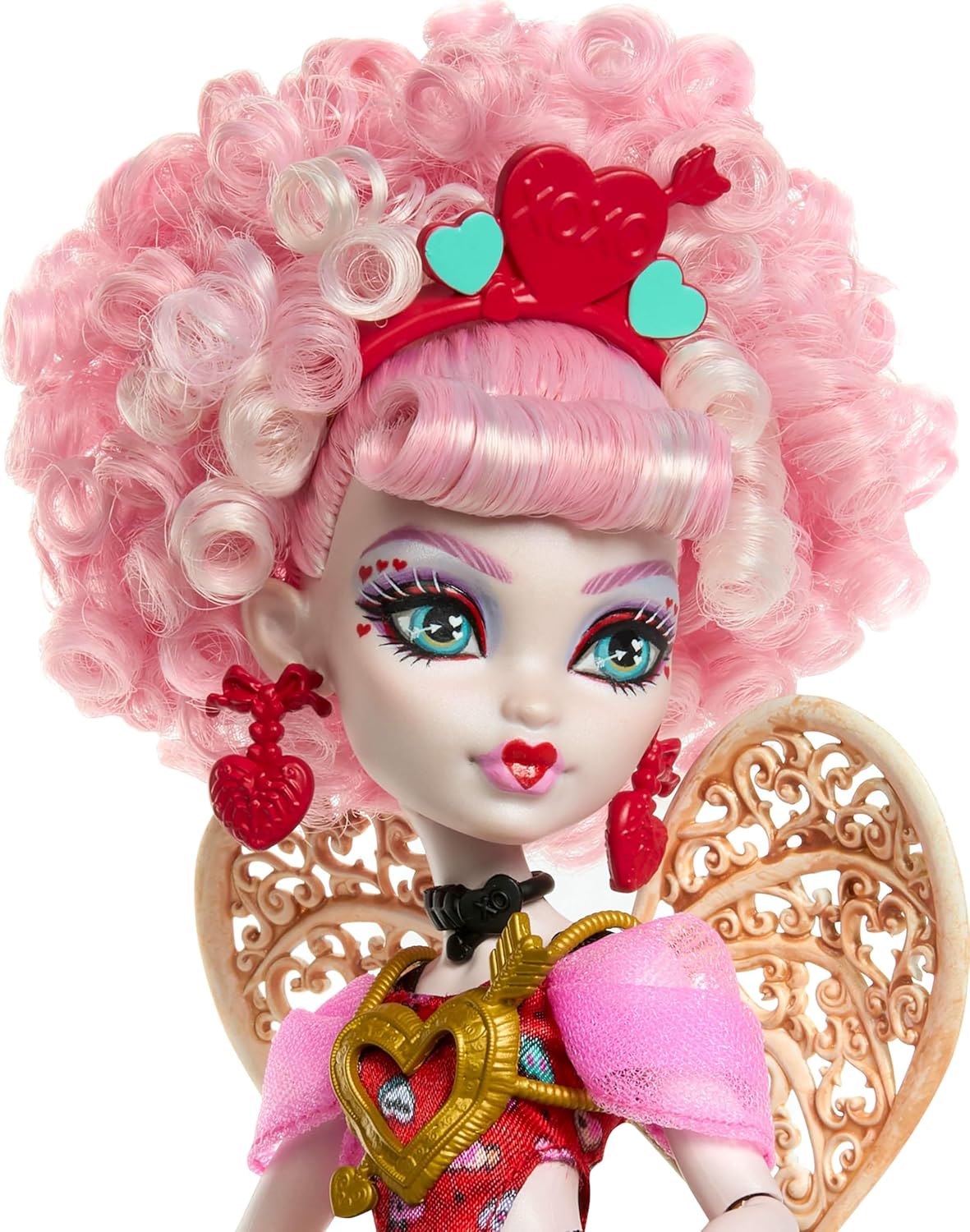 Monster High Scary Sweet Birthday Doll, Cupid Asteria in Pink and Red Party Dress with Themed Accessories like Invite, Balloon, Gift and More, JBG77