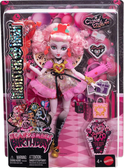 Monster High Scary Sweet Birthday Doll, Cupid Asteria in Pink and Red Party Dress with Themed Accessories like Invite, Balloon, Gift and More, JBG77