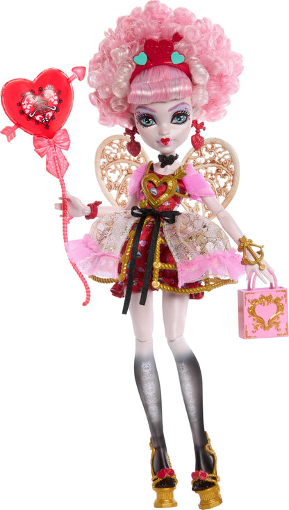 Monster High Scary Sweet Birthday Doll, Cupid Asteria in Pink and Red Party Dress with Themed Accessories like Invite, Balloon, Gift and More, JBG77