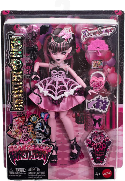 Monster High Scary Sweet Birthday Doll, Draculaura in Pink Party Dress with Themed Accessories like Invite, Balloon, Gift, Fan and More, JBG74