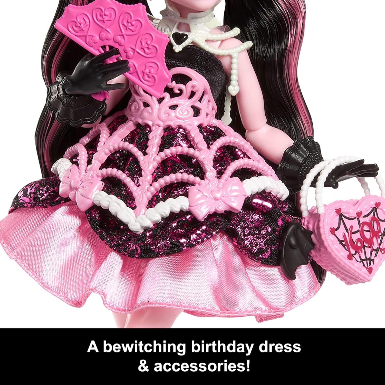 Monster High Scary Sweet Birthday Doll, Draculaura in Pink Party Dress with Themed Accessories like Invite, Balloon, Gift, Fan and More, JBG74