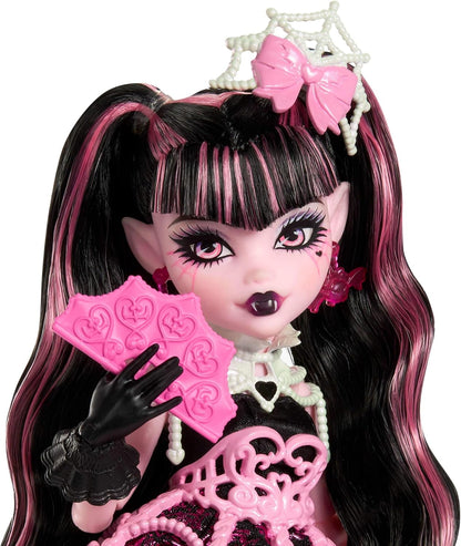 Monster High Scary Sweet Birthday Doll, Draculaura in Pink Party Dress with Themed Accessories like Invite, Balloon, Gift, Fan and More, JBG74