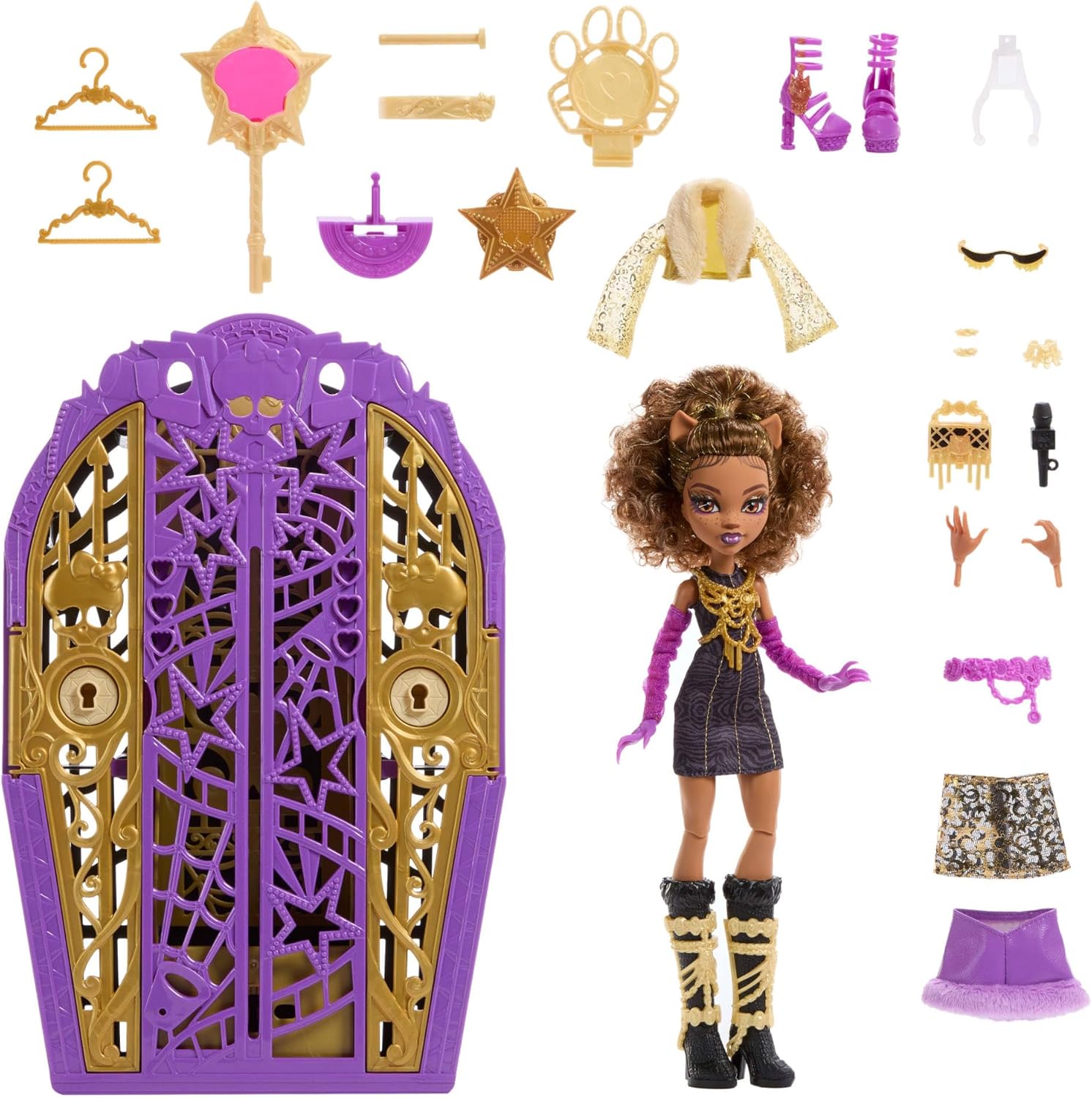 Monster High Skulltimate Secrets Doll and Accessories Set, Hauntlywood Mysteries Clawdeen Wolf with Reveal Closet & 19+ Glam Surprises like Doll Clothes, JBG80
