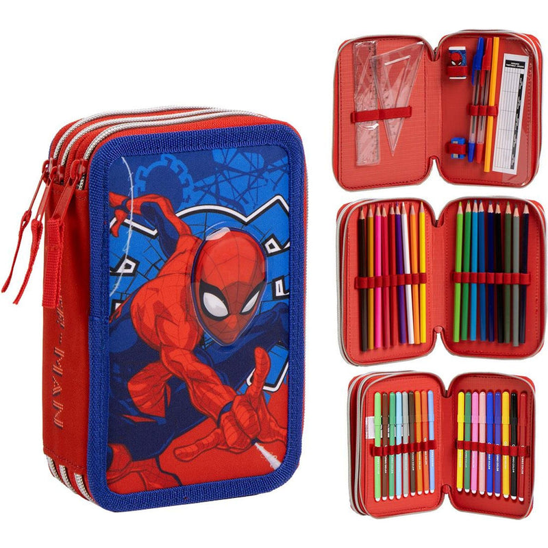 CERDÁ LIFE'S LITTLE MOMENTS Giotto Spiderman pennenetui met viltstiften, balpennen en potloden | drievoudig etui voor kinderen met Marvel-design, Spiderman, 12.5x6.5x19.5 cm, Gelicentieerd product